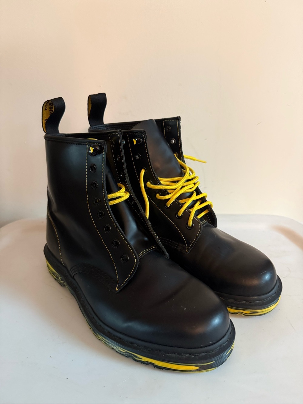 Black Men's Lace-Up Leather Boots with Yellow Accents